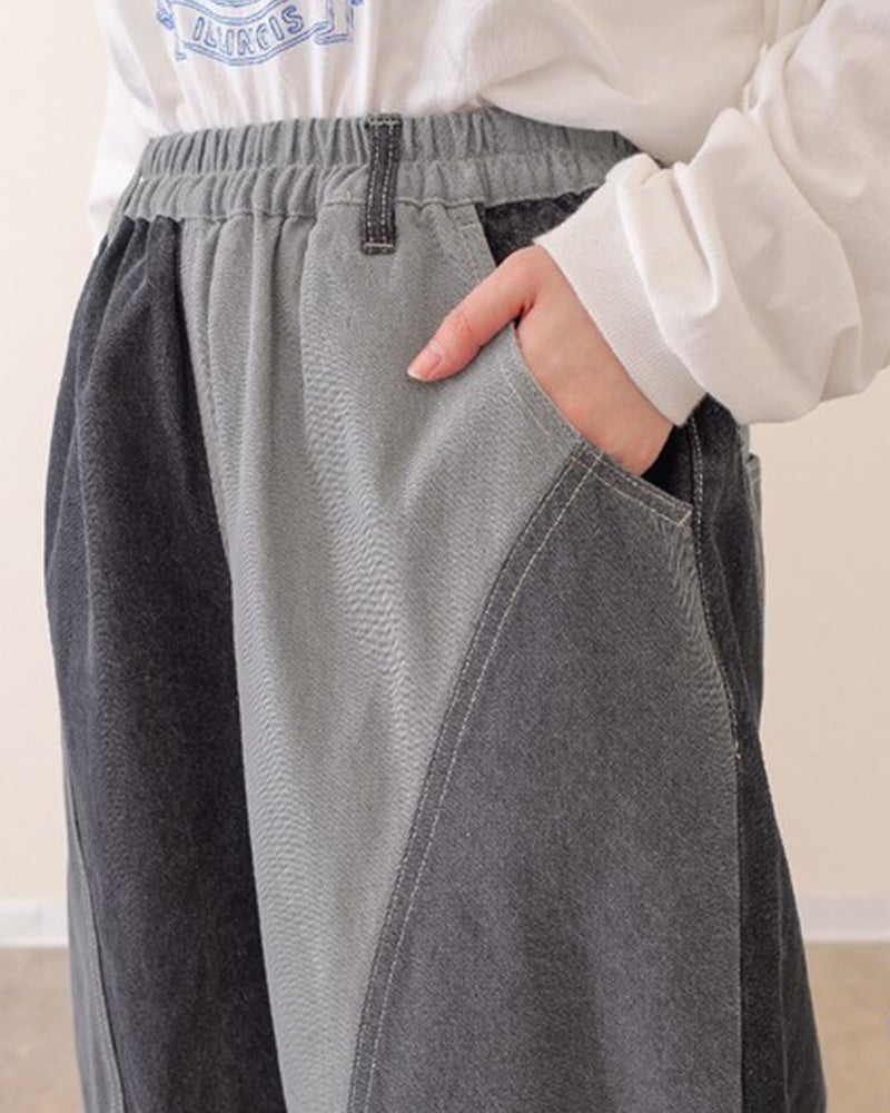 mililopiulu 微配色ボールパンツ ミリロピュール 配色切替デニムボールパンツ 丸みのあるワイドシルエットで総ゴム仕様のユニセックスカジュアルパンツ