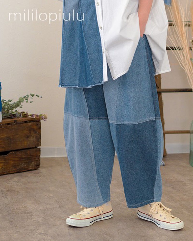 mililopiulu 微配色ボールパンツ ミリロピュール 配色切替デニムボールパンツ 丸みのあるワイドシルエットで総ゴム仕様のユニセックスカジュアルパンツ