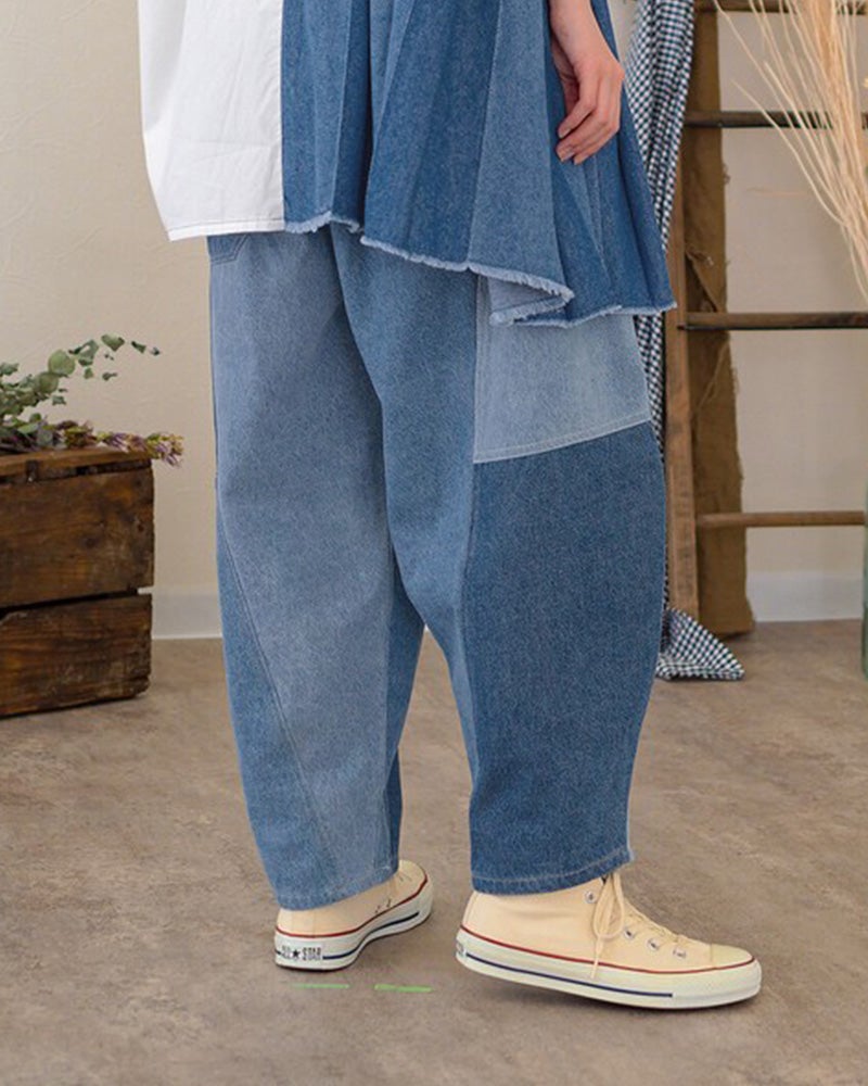 mililopiulu 微配色ボールパンツ ミリロピュール 配色切替デニムボールパンツ 丸みのあるワイドシルエットで総ゴム仕様のユニセックスカジュアルパンツ