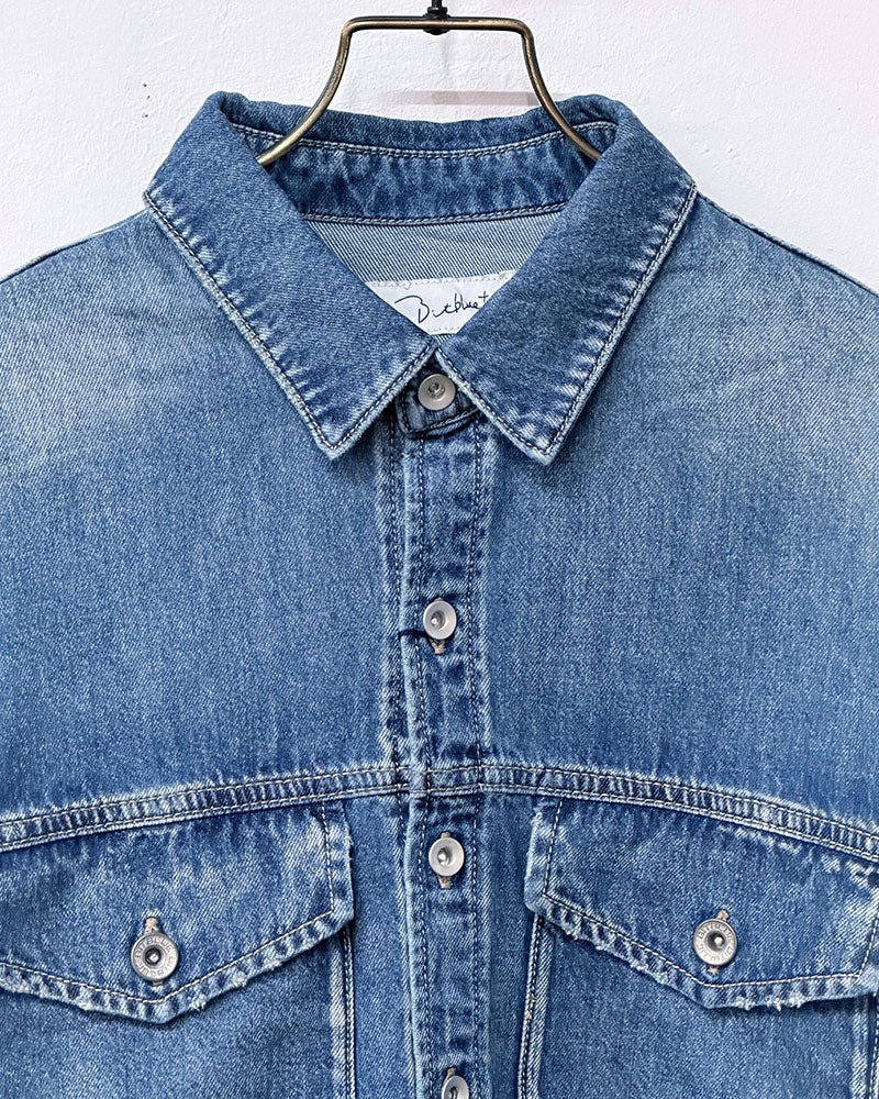 BIT BLUE　ビットブルー　ヘムクラッシュデニムシャツ　長袖　裾切りっぱなし加工　ヴィンテージ風　ユーズド感　ワークスタイル　ライトアウター　大人カジュアル