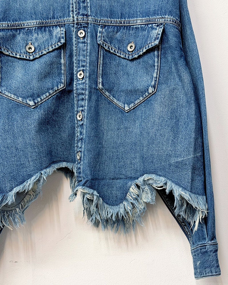 BIT BLUE　ビットブルー　ヘムクラッシュデニムシャツ　長袖　裾切りっぱなし加工　ヴィンテージ風　ユーズド感　ワークスタイル　ライトアウター　大人カジュアル