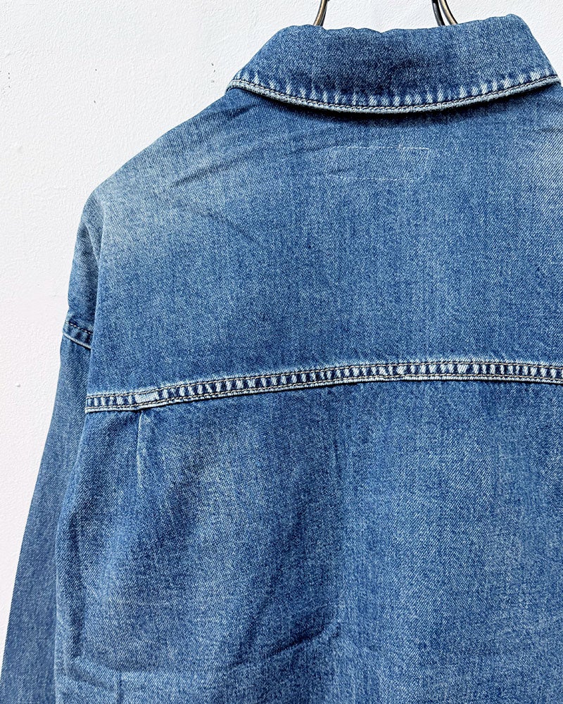 BIT BLUE　ビットブルー　ヘムクラッシュデニムシャツ　長袖　裾切りっぱなし加工　ヴィンテージ風　ユーズド感　ワークスタイル　ライトアウター　大人カジュアル