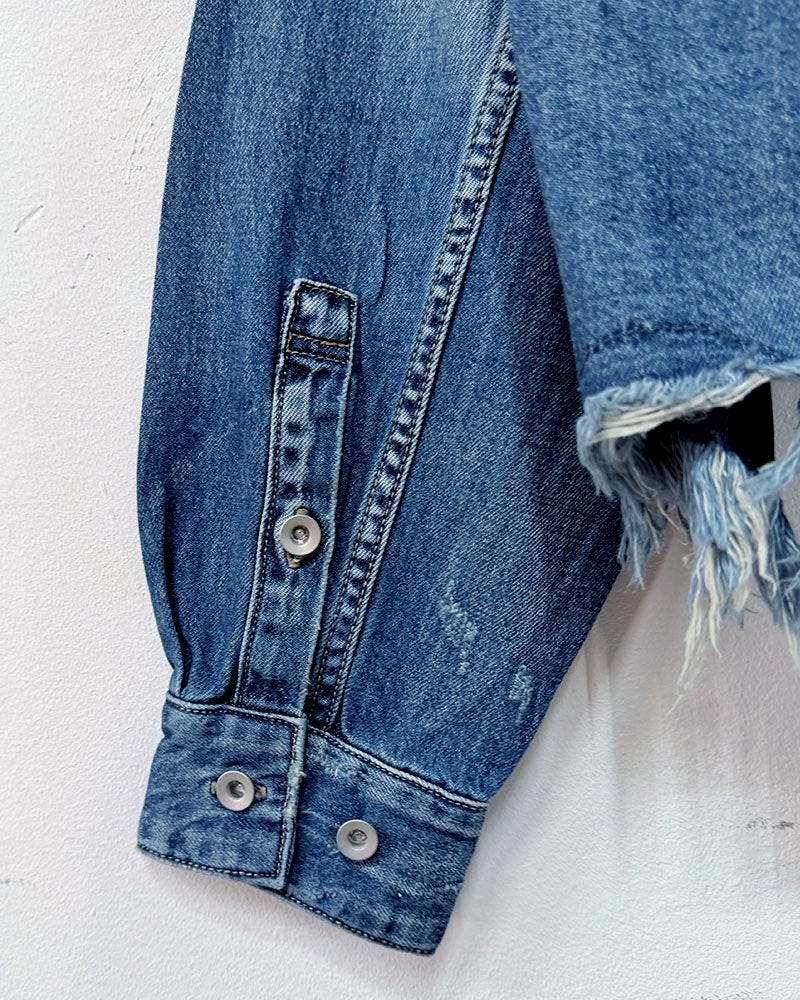BIT BLUE　ビットブルー　ヘムクラッシュデニムシャツ　長袖　裾切りっぱなし加工　ヴィンテージ風　ユーズド感　ワークスタイル　ライトアウター　大人カジュアル