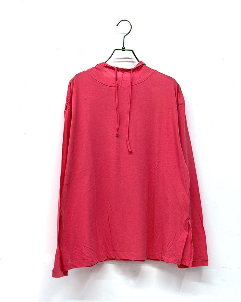 天竺フード付きプルオーバー　長袖　薄手　コットン天竺　レイヤード用インナー　フード付きカットソー　無地　全7カラー展開　カジュアルファッション　大人ナチュラル