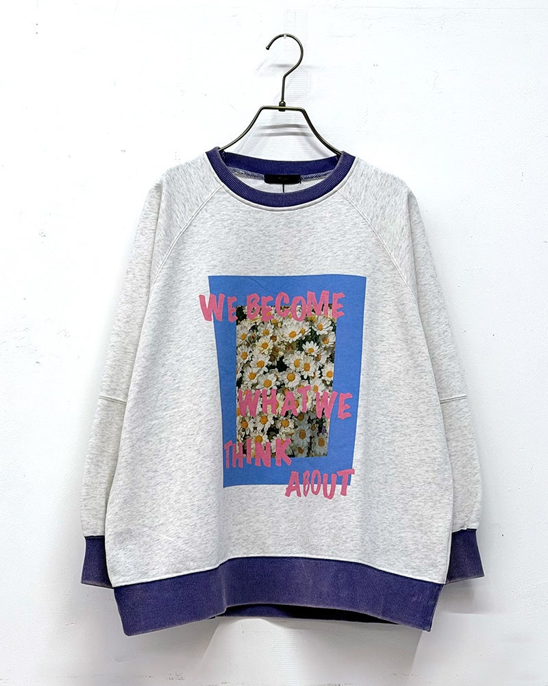 Figgle　フィグル　綿レーヨンバイカラープリント長袖プルオーバー　裏毛スウェット　ユーズド加工　バイカラーリブ　フラワープリント　ヴィンテージ風　リラックスシルエット　大人カジュアル