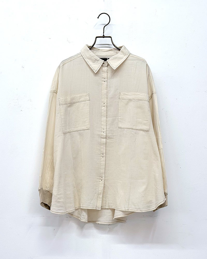 limiless　リミレス　デニムリブ袖シャツ　長袖　薄手デニム　透け感　袖リブ切り替え　セットアップ可能　ビッグシルエット　羽織り　大人カジュアル