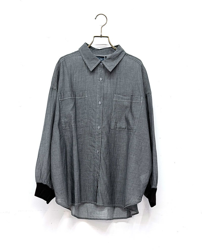 limiless　リミレス　デニムリブ袖シャツ　長袖　薄手デニム　透け感　袖リブ切り替え　セットアップ可能　ビッグシルエット　羽織り　大人カジュアル