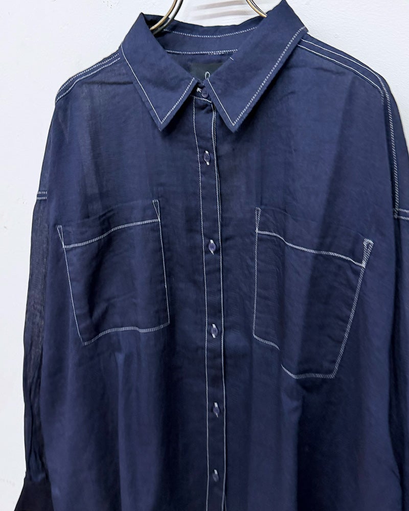 limiless　リミレス　デニムリブ袖シャツ　長袖　薄手デニム　透け感　袖リブ切り替え　セットアップ可能　ビッグシルエット　羽織り　大人カジュアル