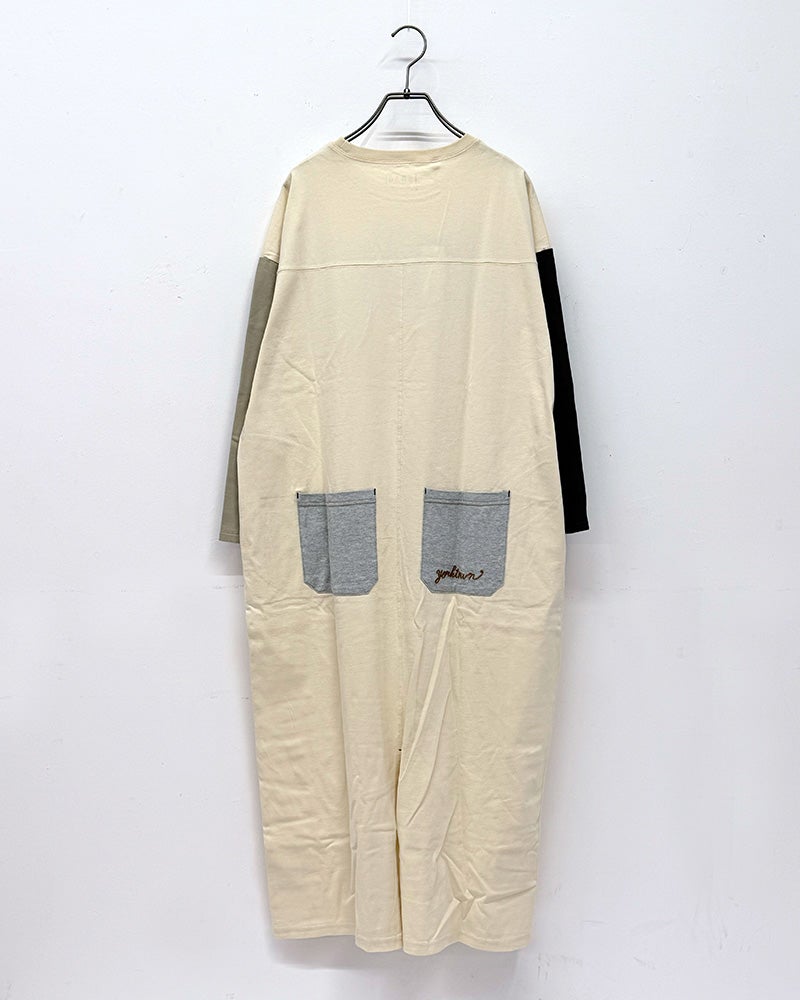 LIME.INC　ライムインク　天竺切替配色ワンピース　長袖　ロング丈　アシンメトリーデザイン　ロゴプリント　ワンポイント刺繍　ヴィンテージ風　ビッグシルエット　大人カジュアル