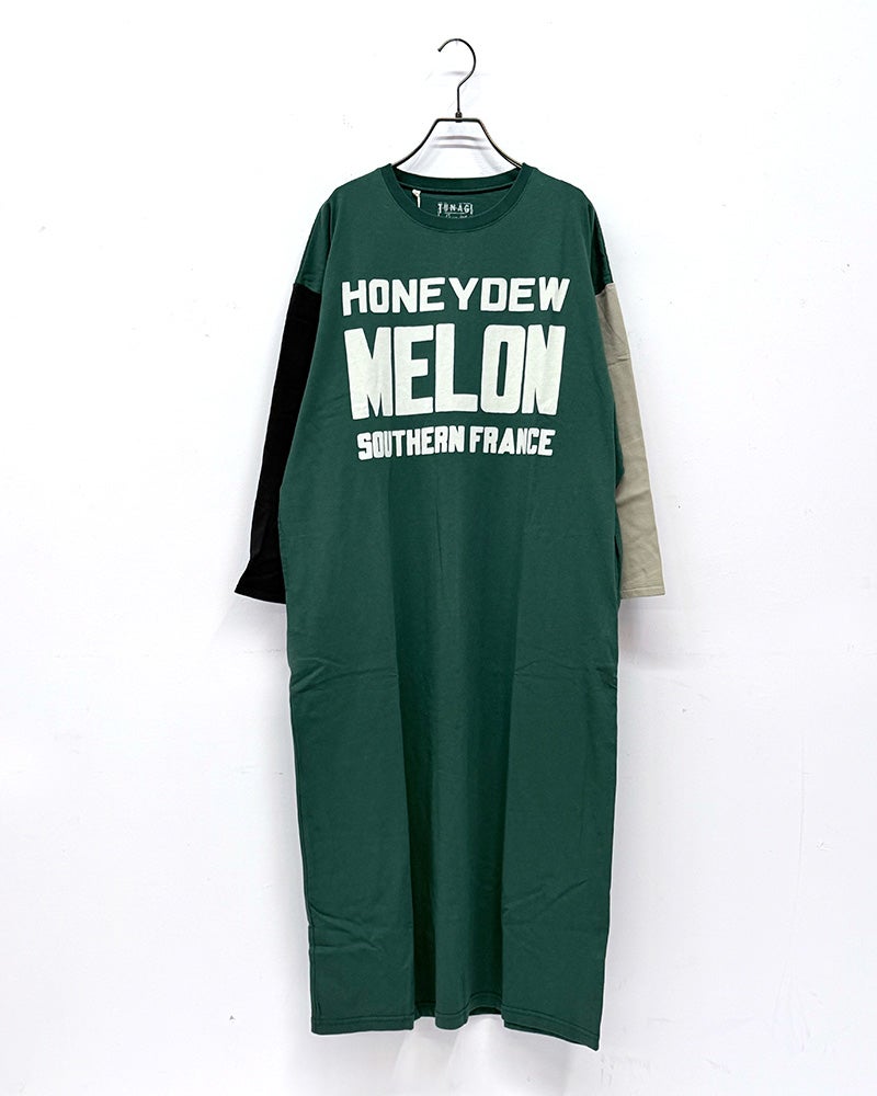 LIME.INC　ライムインク　天竺切替配色ワンピース　長袖　ロング丈　アシンメトリーデザイン　ロゴプリント　ワンポイント刺繍　ヴィンテージ風　ビッグシルエット　大人カジュアル