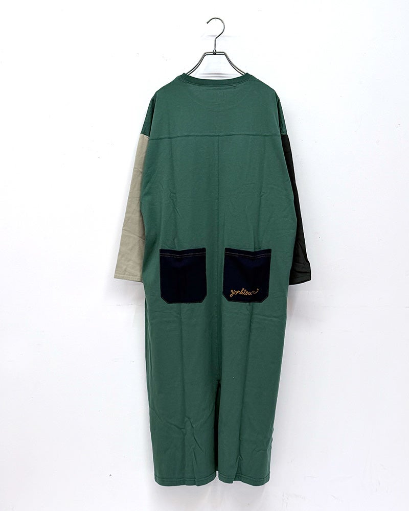 LIME.INC　ライムインク　天竺切替配色ワンピース　長袖　ロング丈　アシンメトリーデザイン　ロゴプリント　ワンポイント刺繍　ヴィンテージ風　ビッグシルエット　大人カジュアル