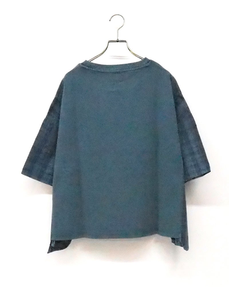 8Laboratory　エイトラボラトリー　ピグメント天竺切替プルオーバー　長袖　製品染め　ヴィンテージ加工　アシンメトリー切替　ロゴ刺繍　ビッグシルエット　大人カジュアル