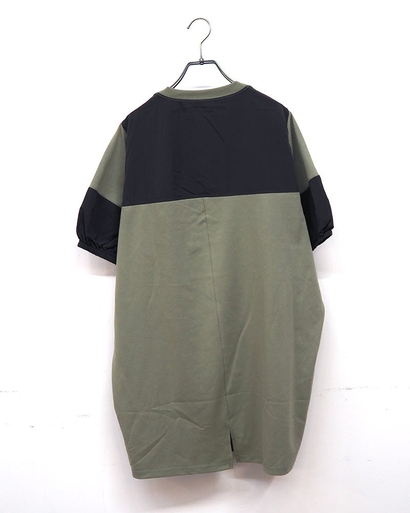 天竺ナイロンコクーンチュニック　長袖　異素材切り替えデザイン　立体シルエット　ドロップショルダー　体型カバー　大人カジュアル　シンプル