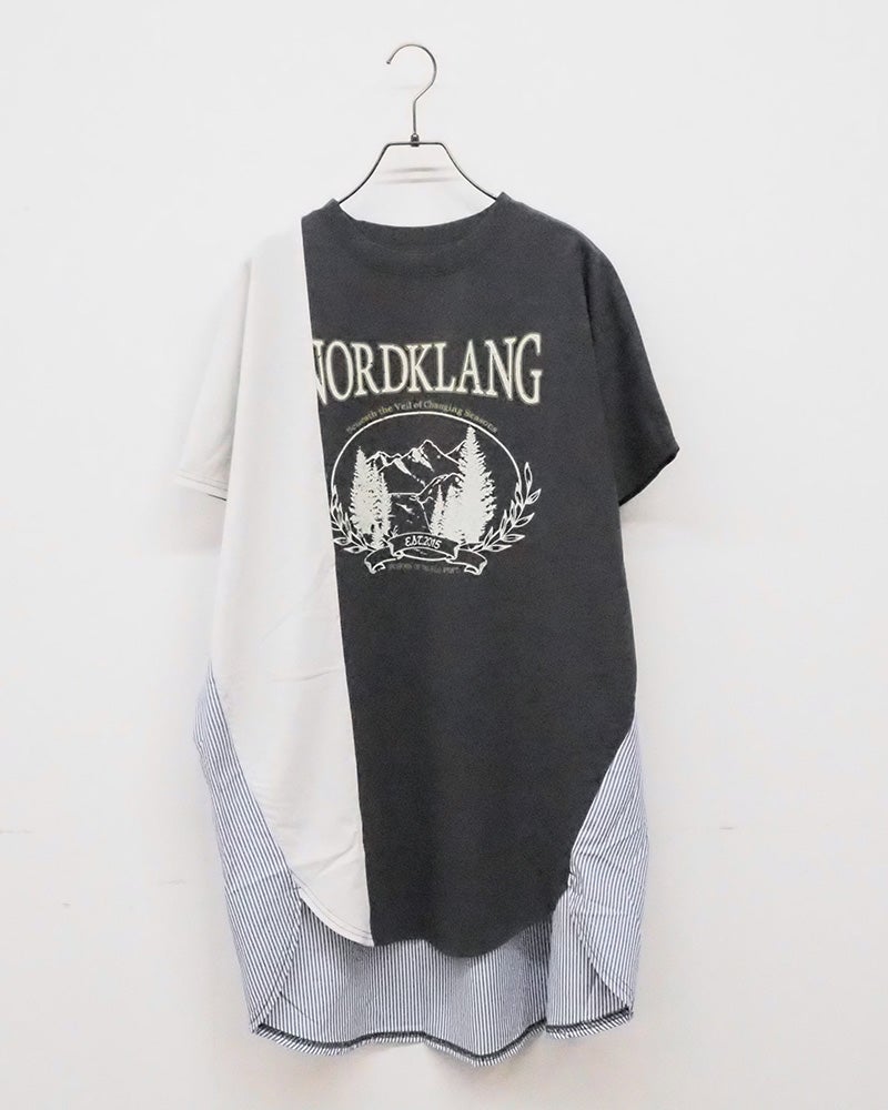 天竺リメイク風チュニック　長袖　配色切り替え　リメイクデザイン　ワイドシルエット　ロング丈　ドロップショルダー　体型カバー　大人カジュアル
