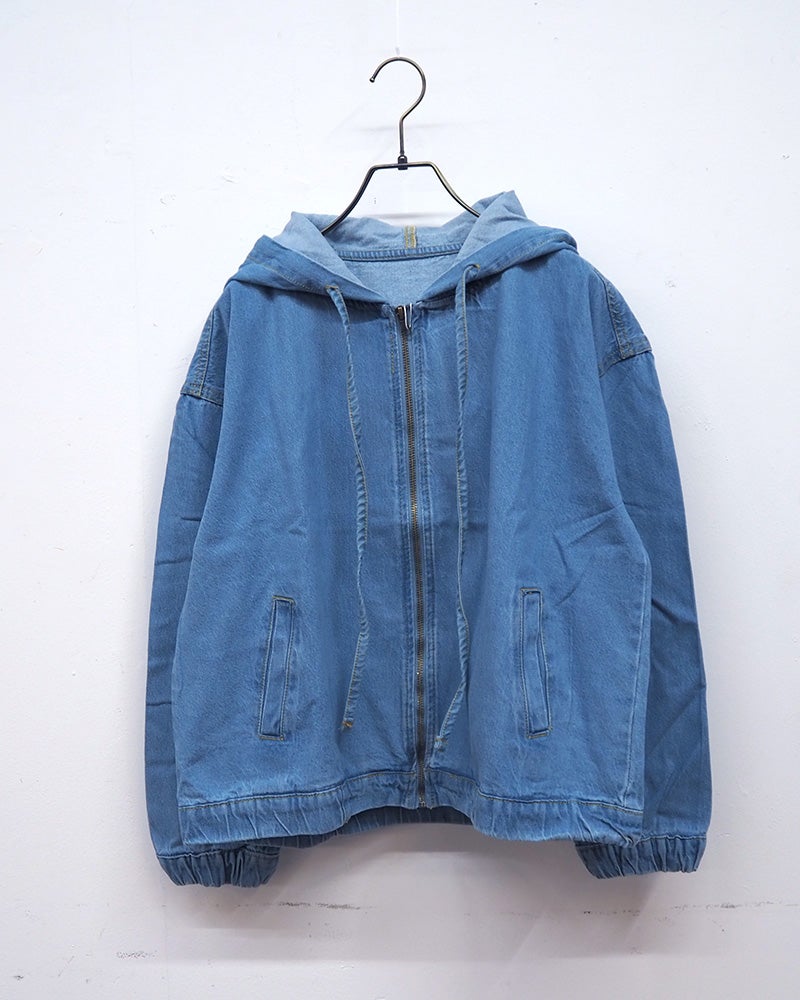 フード付きデニムジャケット　Gジャン　オーバーサイズ　ビッグシルエット　ドロップショルダー　ライトアウター　大人カジュアル　定番アイテム素材　立体シルエット　ドロップショルダー　体型カバー　大人カジュアル　シンプルデザイン