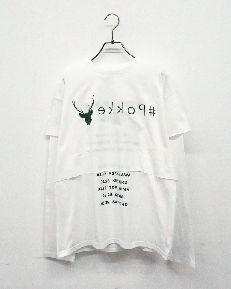 #Pokke　ポッケ　リアルレイヤード　ショート丈半袖Tシャツ＆ロンTセット　ツアーTシャツ風プリント　ヴィンテージ加工　セットアップ　着回し　ビッグシルエット　大人カジュアル