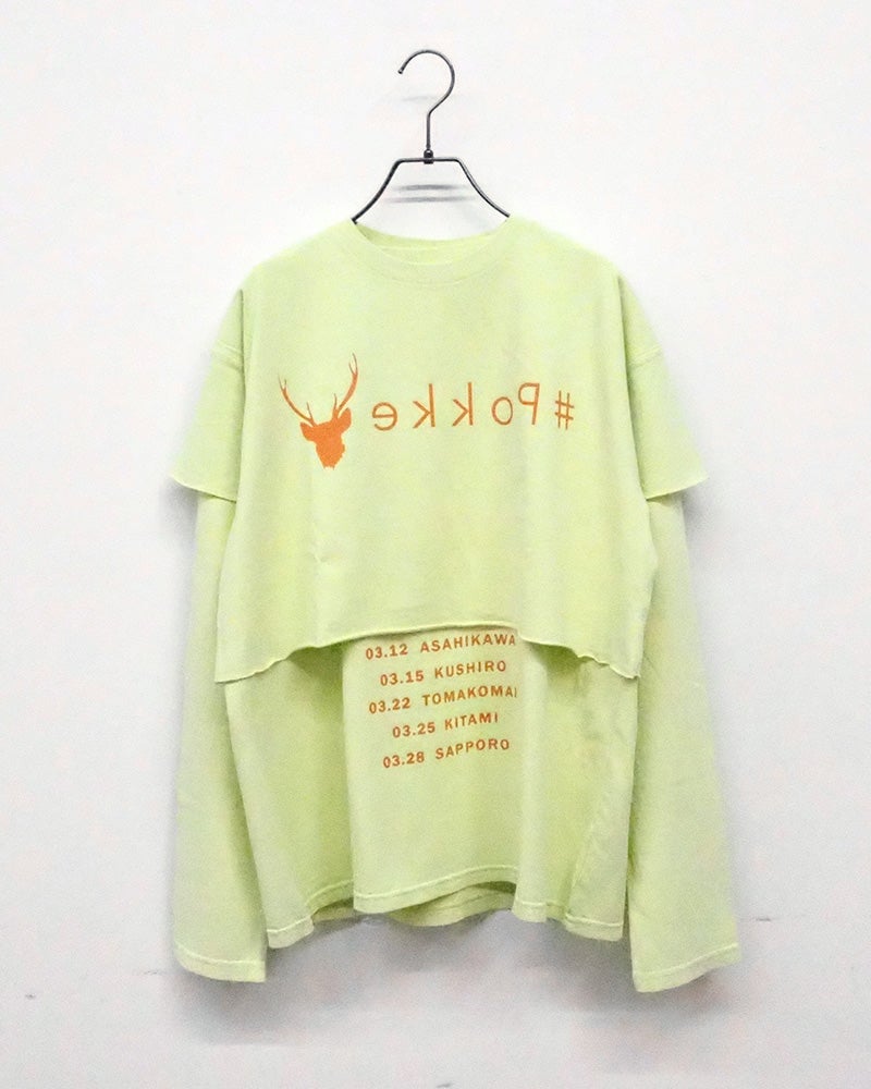 #Pokke　ポッケ　リアルレイヤード　ショート丈半袖Tシャツ＆ロンTセット　ツアーTシャツ風プリント　ヴィンテージ加工　セットアップ　着回し　ビッグシルエット　大人カジュアル