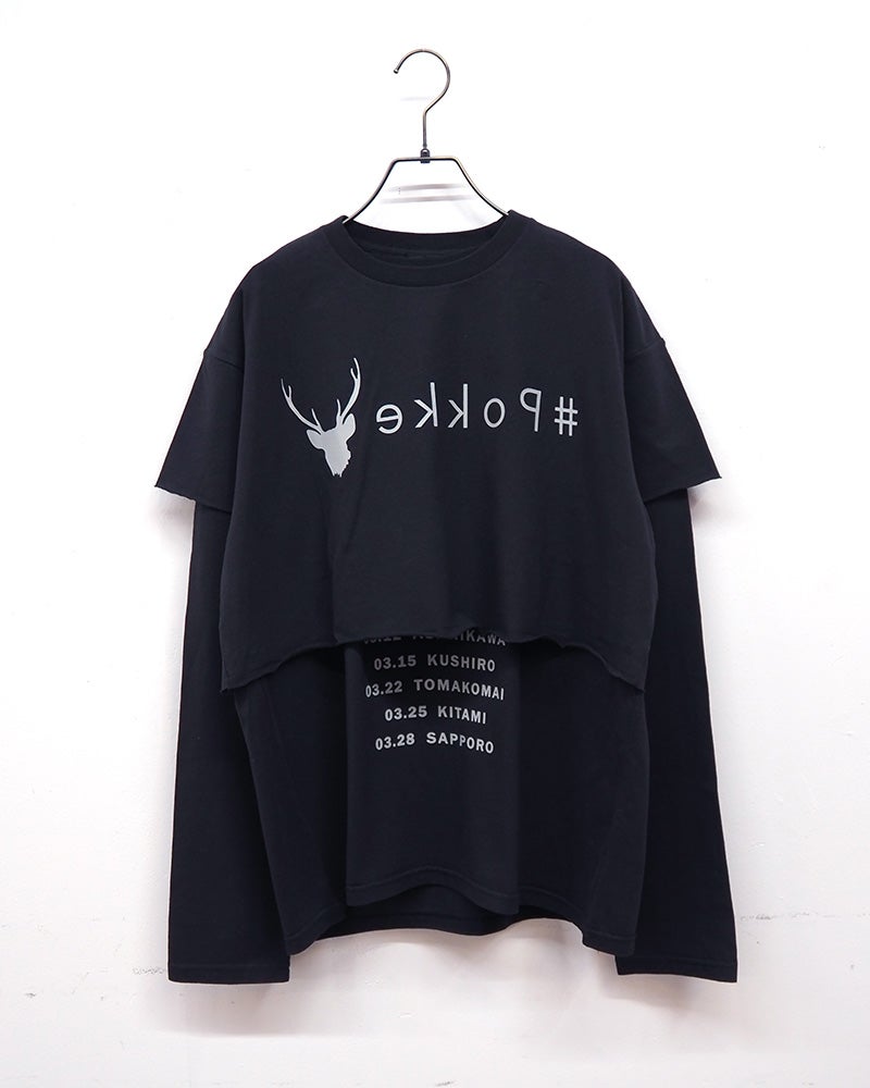 #Pokke　ポッケ　リアルレイヤード　ショート丈半袖Tシャツ＆ロンTセット　ツアーTシャツ風プリント　ヴィンテージ加工　セットアップ　着回し　ビッグシルエット　大人カジュアル