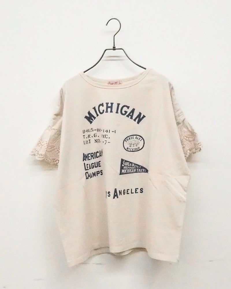 LIME.INC　ライムインク　ピグメント天竺袖レースT　半袖　製品染め　ヴィンテージ加工　袖口カットワークレース　グラフィックプリント　ワイドシルエット　大人カジュアル