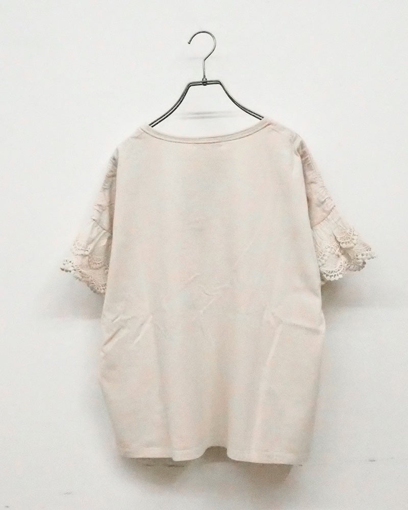 LIME.INC　ライムインク　ピグメント天竺袖レースT　半袖　製品染め　ヴィンテージ加工　袖口カットワークレース　グラフィックプリント　ワイドシルエット　大人カジュアル