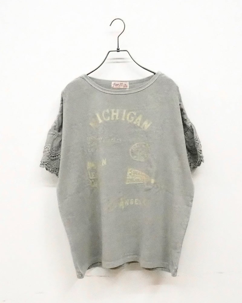 LIME.INC　ライムインク　ピグメント天竺袖レースT　半袖　製品染め　ヴィンテージ加工　袖口カットワークレース　グラフィックプリント　ワイドシルエット　大人カジュアル