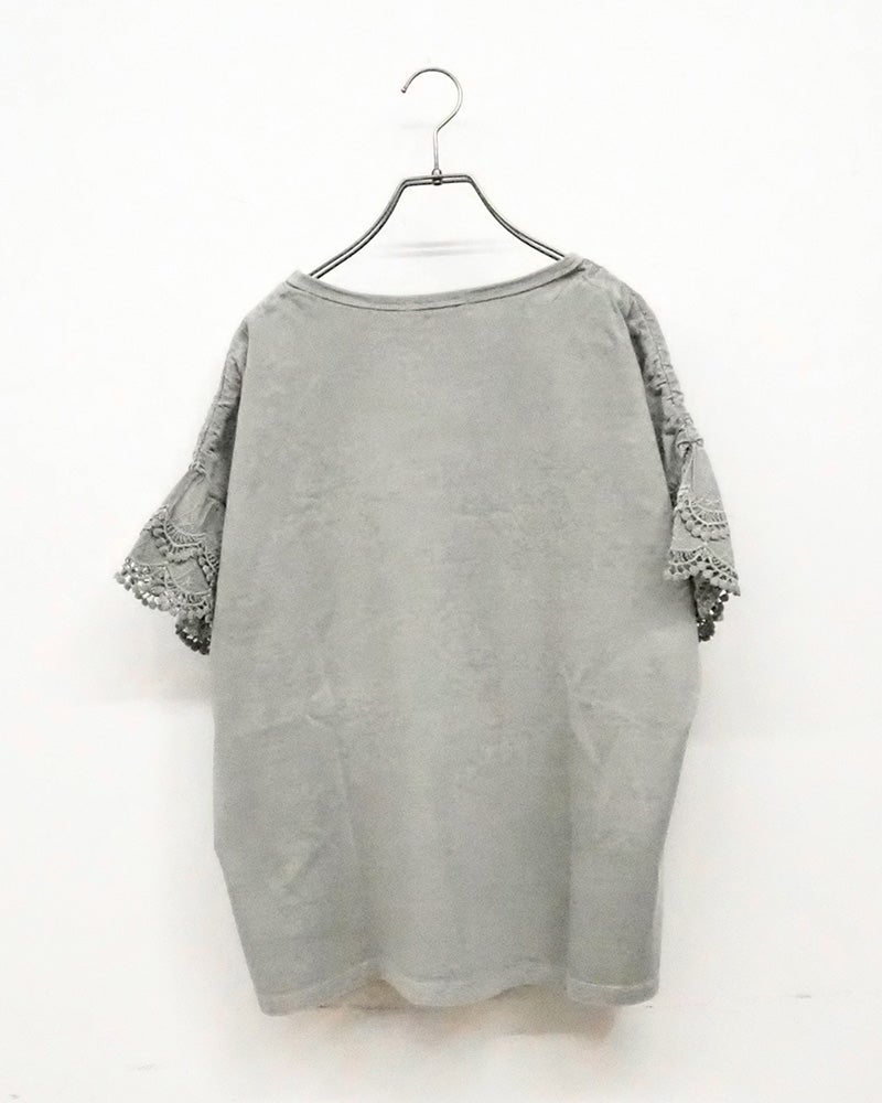 LIME.INC　ライムインク　ピグメント天竺袖レースT　半袖　製品染め　ヴィンテージ加工　袖口カットワークレース　グラフィックプリント　ワイドシルエット　大人カジュアル