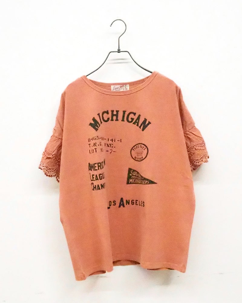 LIME.INC　ライムインク　ピグメント天竺袖レースT　半袖　製品染め　ヴィンテージ加工　袖口カットワークレース　グラフィックプリント　ワイドシルエット　大人カジュアル