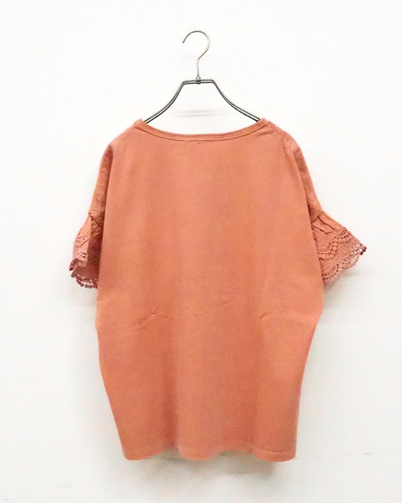 LIME.INC　ライムインク　ピグメント天竺袖レースT　半袖　製品染め　ヴィンテージ加工　袖口カットワークレース　グラフィックプリント　ワイドシルエット　大人カジュアル