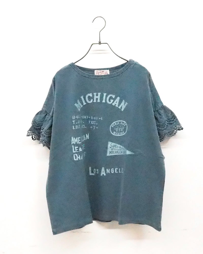 LIME.INC　ライムインク　ピグメント天竺袖レースT　半袖　製品染め　ヴィンテージ加工　袖口カットワークレース　グラフィックプリント　ワイドシルエット　大人カジュアル