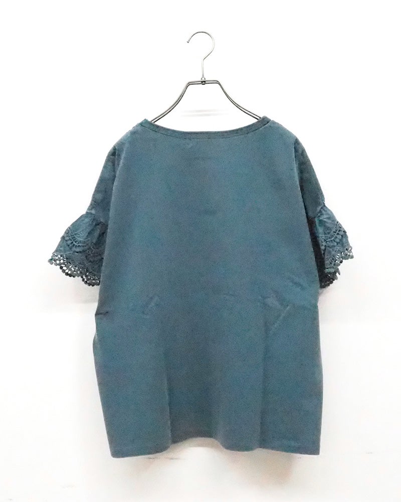 LIME.INC　ライムインク　ピグメント天竺袖レースT　半袖　製品染め　ヴィンテージ加工　袖口カットワークレース　グラフィックプリント　ワイドシルエット　大人カジュアル