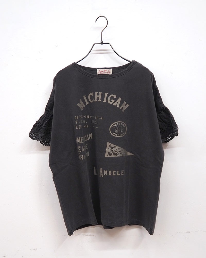 LIME.INC　ライムインク　ピグメント天竺袖レースT　半袖　製品染め　ヴィンテージ加工　袖口カットワークレース　グラフィックプリント　ワイドシルエット　大人カジュアル