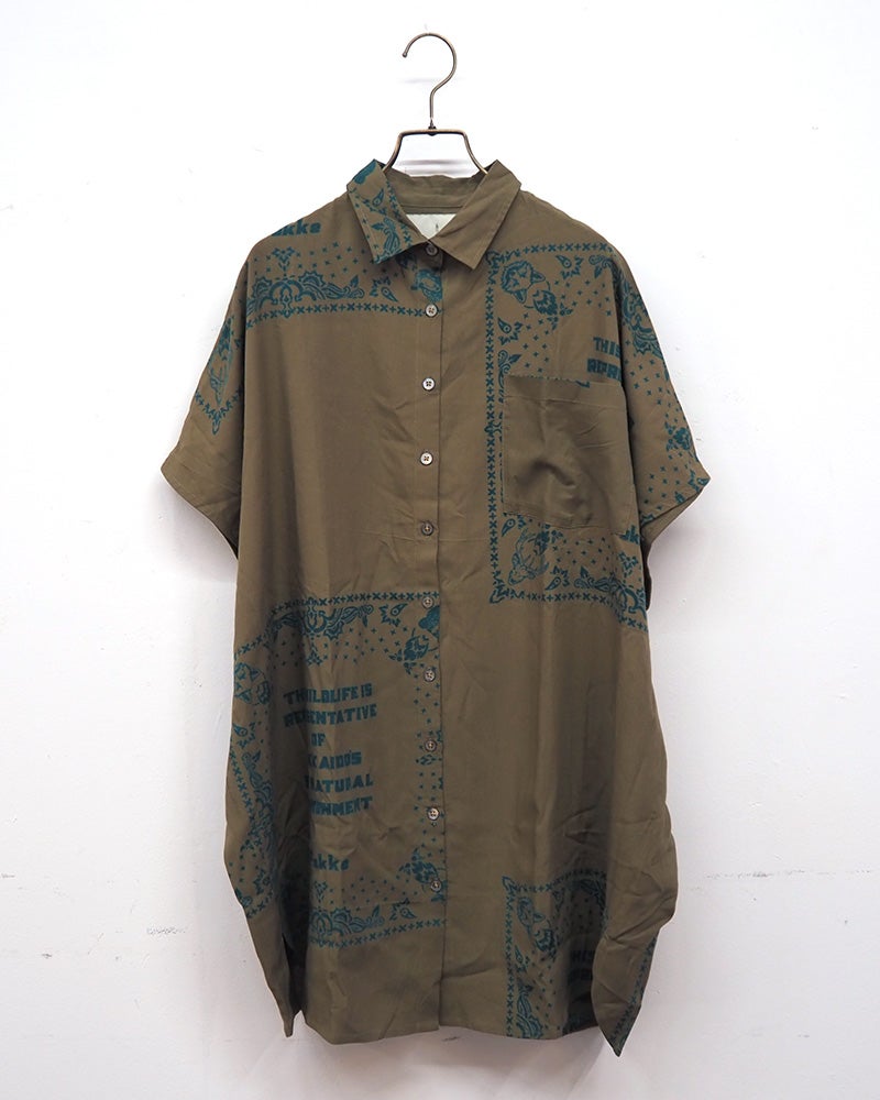 #Pokke　ポッケ　プリントシャツワンピース　半袖　セットアップ可能　ヴィンテージ風プリント　ワイドシルエット　ストライプ柄　大人カジュアル