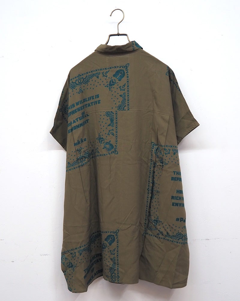 #Pokke　ポッケ　プリントシャツワンピース　半袖　セットアップ可能　ヴィンテージ風プリント　ワイドシルエット　ストライプ柄　大人カジュアル