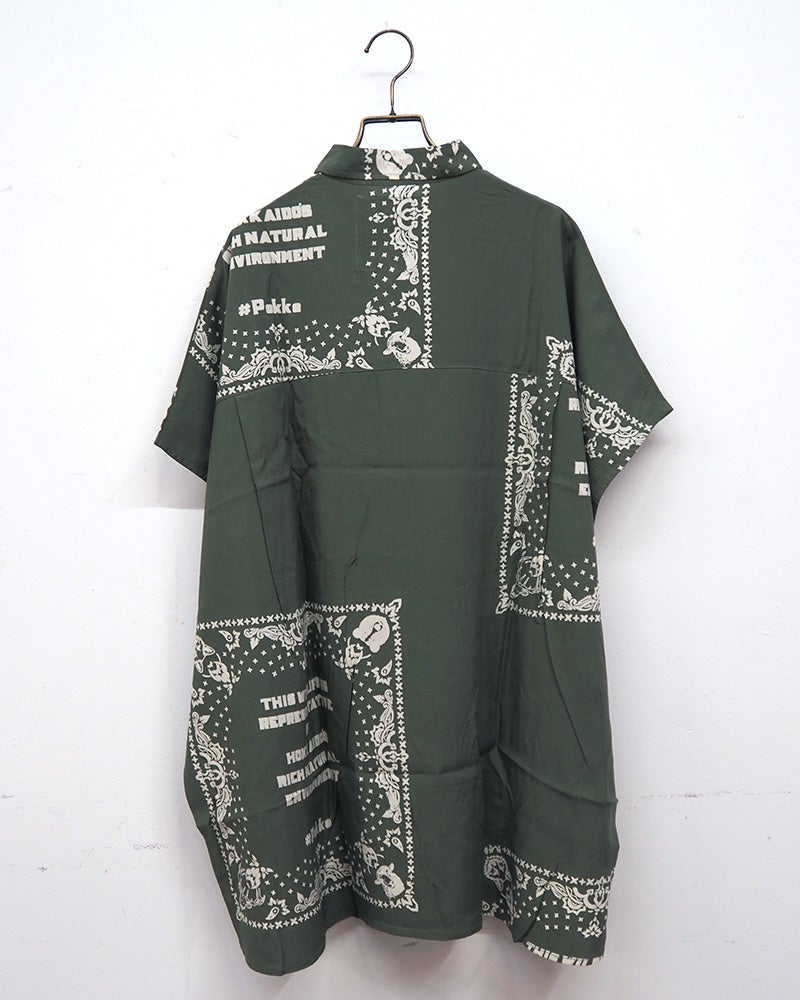 #Pokke　ポッケ　プリントシャツワンピース　半袖　セットアップ可能　ヴィンテージ風プリント　ワイドシルエット　ストライプ柄　大人カジュアル