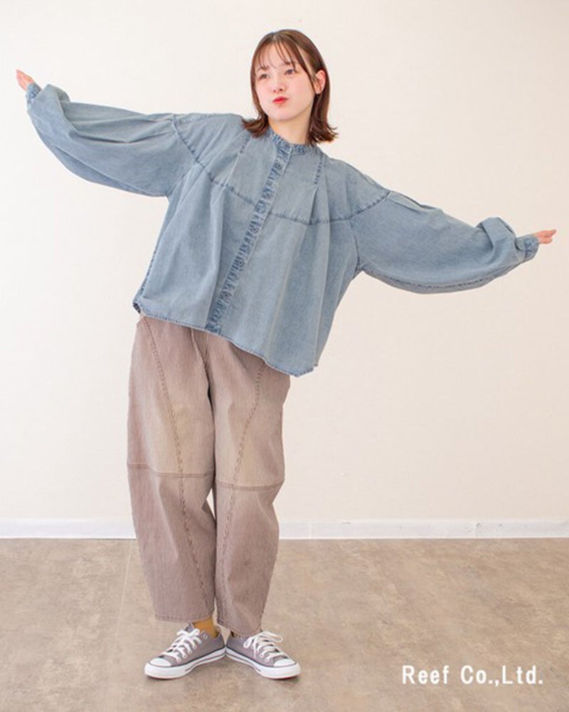 カラーヒッコリーボールパンツ　ワイドパンツ　ヒッコリーストライプ　バルーンシルエット　ワークパンツ　ウエストゴム　体型カバー　大人カジュアル　アメカジ