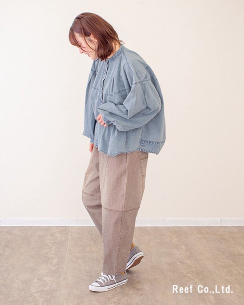 カラーヒッコリーボールパンツ　ワイドパンツ　ヒッコリーストライプ　バルーンシルエット　ワークパンツ　ウエストゴム　体型カバー　大人カジュアル　アメカジ