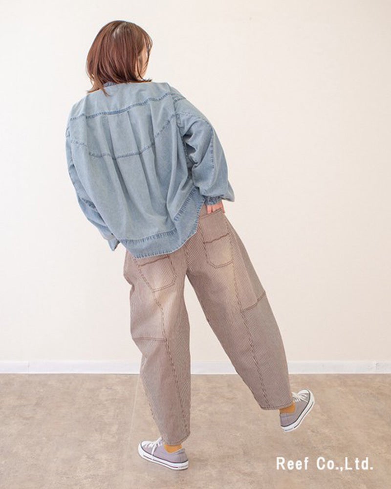 カラーヒッコリーボールパンツ　ワイドパンツ　ヒッコリーストライプ　バルーンシルエット　ワークパンツ　ウエストゴム　体型カバー　大人カジュアル　アメカジ