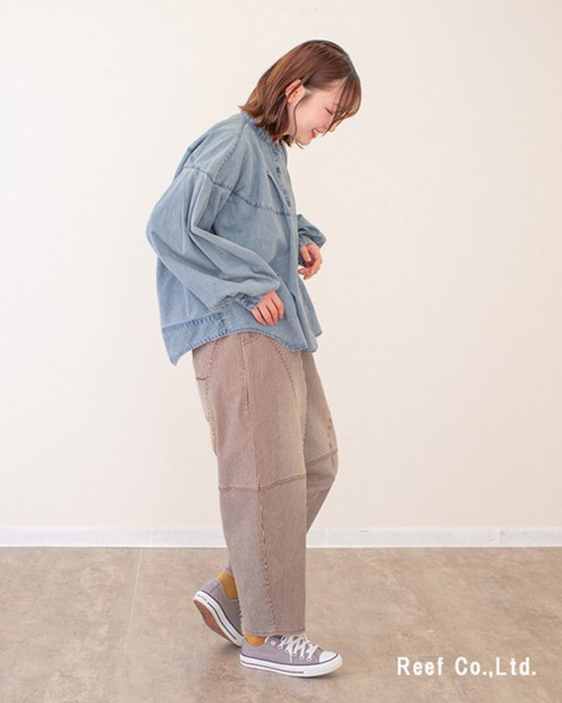 カラーヒッコリーボールパンツ　ワイドパンツ　ヒッコリーストライプ　バルーンシルエット　ワークパンツ　ウエストゴム　体型カバー　大人カジュアル　アメカジ