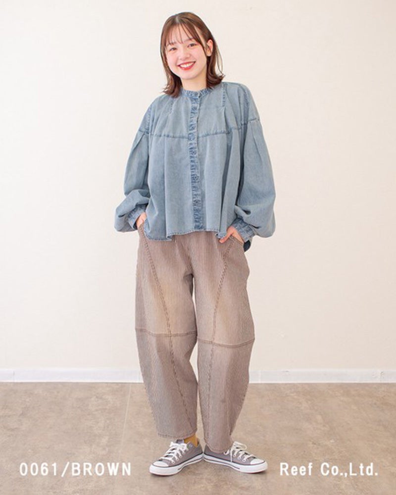 カラーヒッコリーボールパンツ　ワイドパンツ　ヒッコリーストライプ　バルーンシルエット　ワークパンツ　ウエストゴム　体型カバー　大人カジュアル　アメカジ