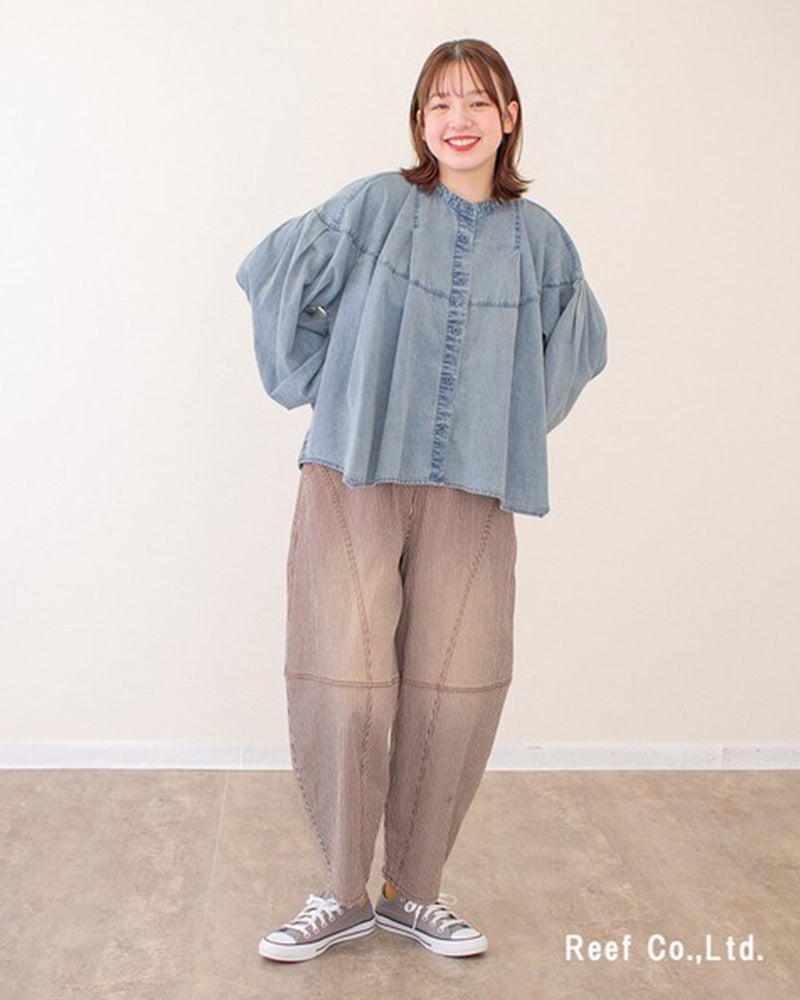 カラーヒッコリーボールパンツ　ワイドパンツ　ヒッコリーストライプ　バルーンシルエット　ワークパンツ　ウエストゴム　体型カバー　大人カジュアル　アメカジ