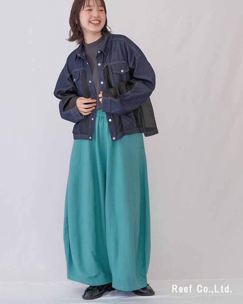 エレファントバルーンパンツ　ワイドパンツ　コクーンシルエット　ボリュームシルエット　清涼感　薄手生地　ウエストゴム　体型カバー　グレージュ　ブルー　レッド　大人カジュアル