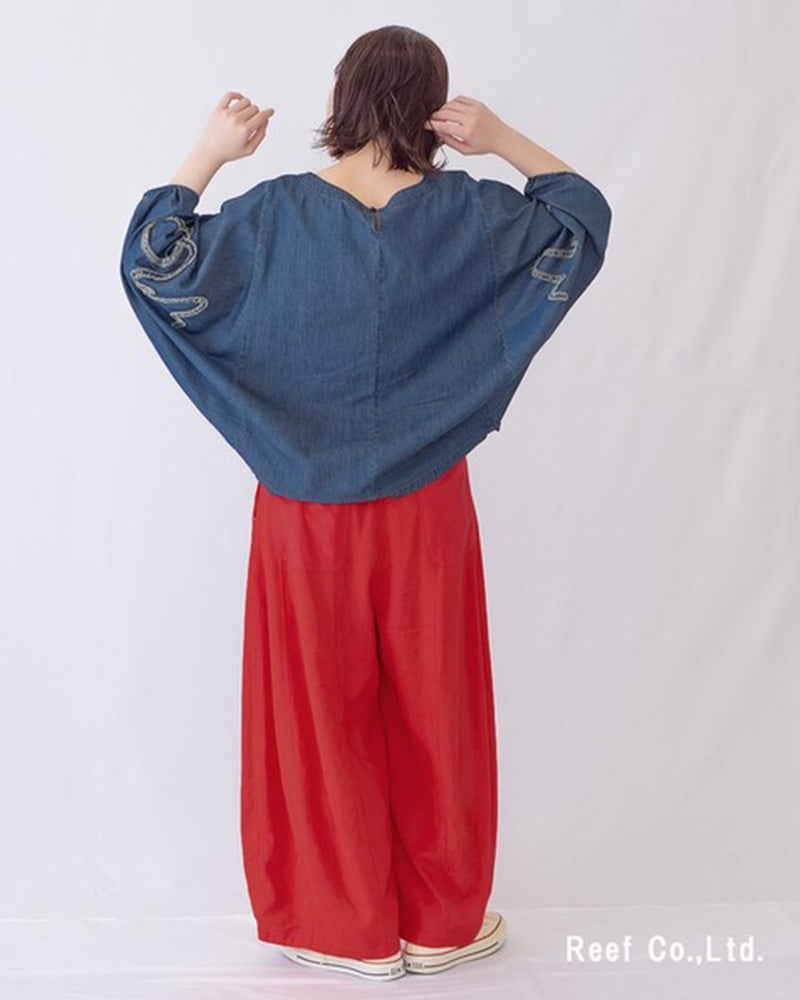 エレファントバルーンパンツ　ワイドパンツ　コクーンシルエット　ボリュームシルエット　清涼感　薄手生地　ウエストゴム　体型カバー　グレージュ　ブルー　レッド　大人カジュアル