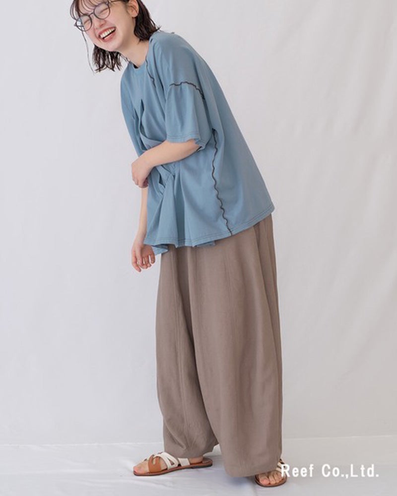 エレファントバルーンパンツ　ワイドパンツ　コクーンシルエット　ボリュームシルエット　清涼感　薄手生地　ウエストゴム　体型カバー　グレージュ　ブルー　レッド　大人カジュアル