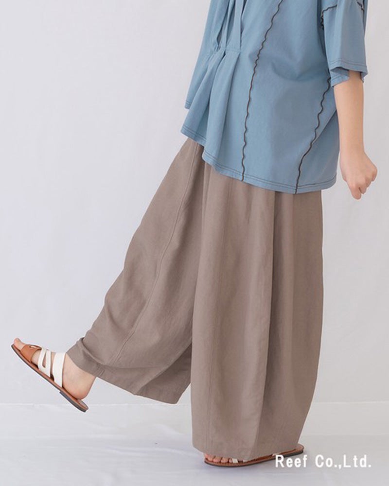 エレファントバルーンパンツ　ワイドパンツ　コクーンシルエット　ボリュームシルエット　清涼感　薄手生地　ウエストゴム　体型カバー　グレージュ　ブルー　レッド　大人カジュアル