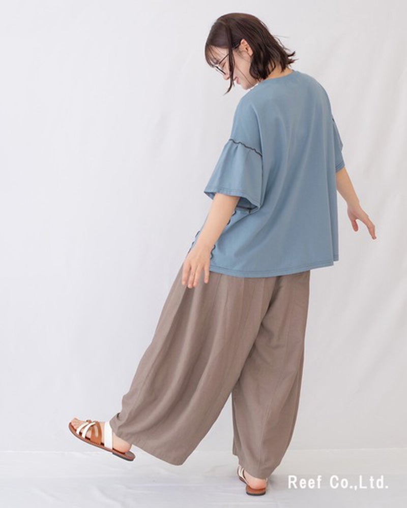 エレファントバルーンパンツ　ワイドパンツ　コクーンシルエット　ボリュームシルエット　清涼感　薄手生地　ウエストゴム　体型カバー　グレージュ　ブルー　レッド　大人カジュアル