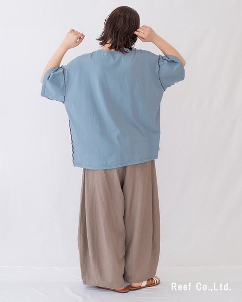 エレファントバルーンパンツ　ワイドパンツ　コクーンシルエット　ボリュームシルエット　清涼感　薄手生地　ウエストゴム　体型カバー　グレージュ　ブルー　レッド　大人カジュアル