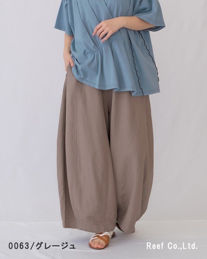 エレファントバルーンパンツ　ワイドパンツ　コクーンシルエット　ボリュームシルエット　清涼感　薄手生地　ウエストゴム　体型カバー　グレージュ　ブルー　レッド　大人カジュアル