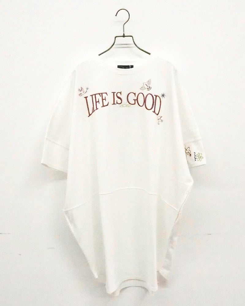 limiless　リミレス　天竺刺繡T　半袖　ビッグシルエット　カレッジロゴ刺繡　立体感　ドロップショルダー　前後差着丈　サイドスリット　大人カジュアル