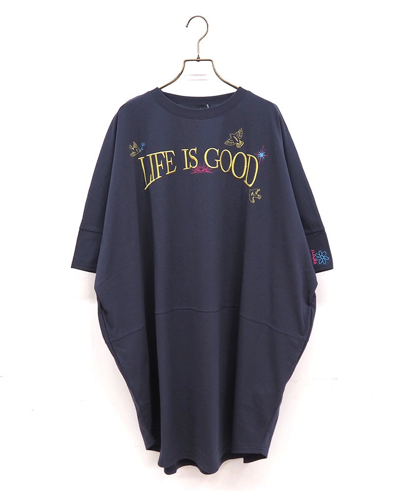 limiless　リミレス　天竺刺繡T　半袖　ビッグシルエット　カレッジロゴ刺繡　立体感　ドロップショルダー　前後差着丈　サイドスリット　大人カジュアル