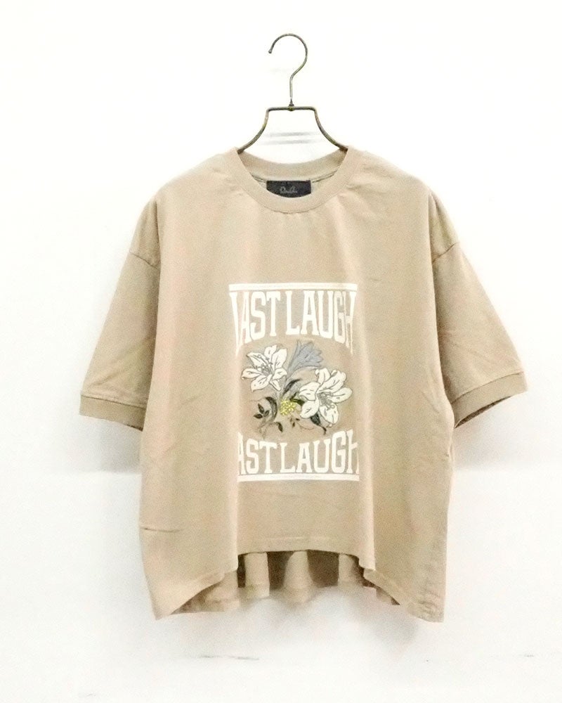 limiless　リミレス　パウダー天竺チェーン刺繍ショートT　半袖　ショート丈　チェーン刺繍ロゴ　ワイドシルエット　ドロップショルダー　前後差着丈　サイドスリット　大人カジュアル